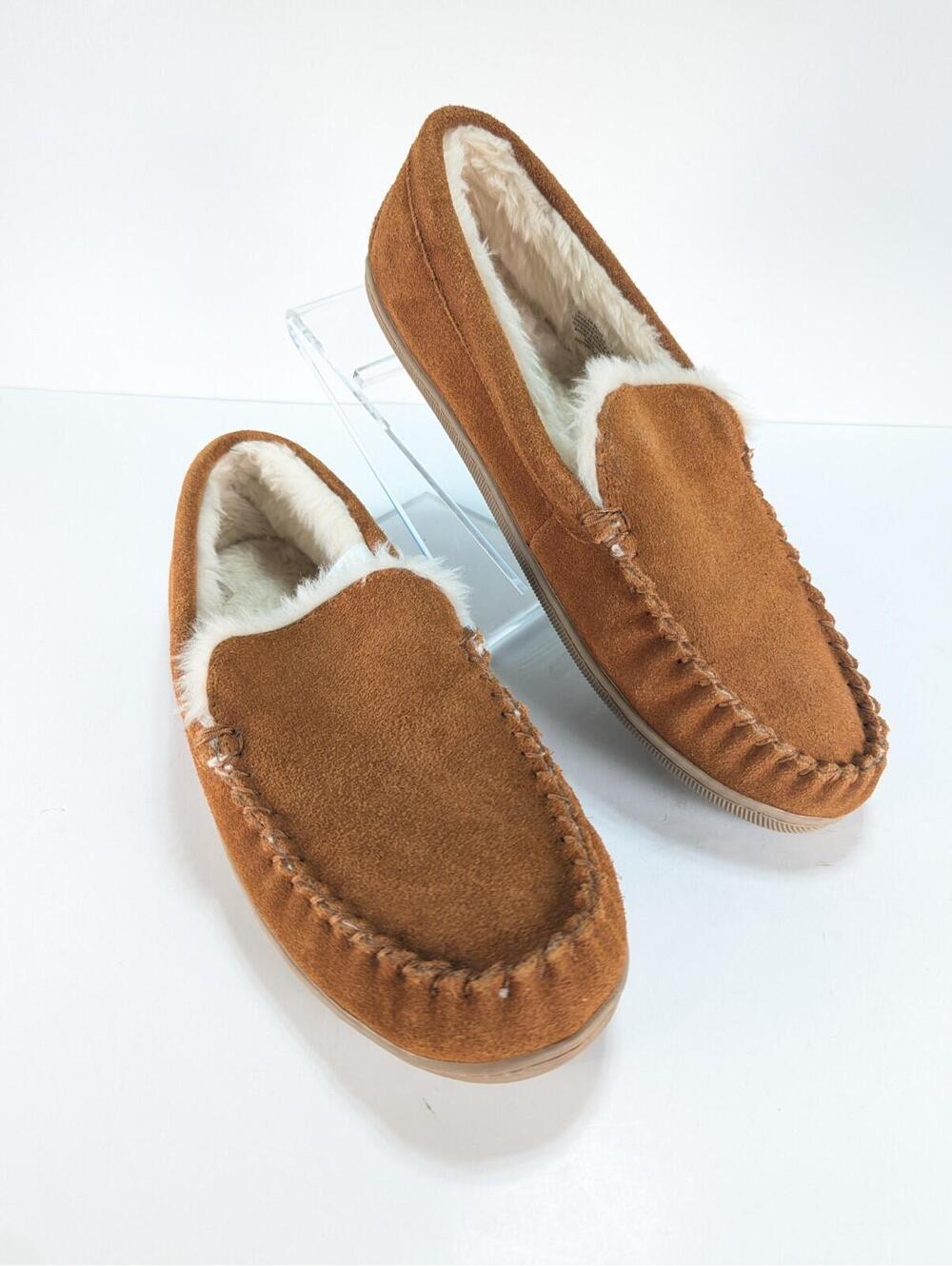 J.Crew Men's Suede Leather Slippers Moccasin Faux Shearling Sz 10 Caramel